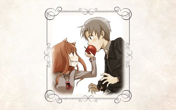 Anime picture 1680x1050 with spice and wolf horo craft lawrence wide image white background couple apple