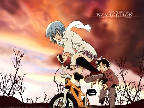 Anime picture 1024x768 with neon genesis evangelion gainax ayanami rei ikari shinji ground vehicle bicycle