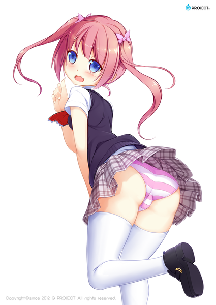 Anime picture 1062x1500 with original blvefo9 single long hair tall image blush open mouth blue eyes light erotic simple background white background twintails pink hair ass girl thighhighs skirt uniform underwear panties
