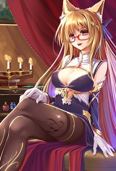 Anime picture 545x800 with original taletale single long hair tall image looking at viewer fringe breasts open mouth light erotic blonde hair smile large breasts sitting animal ears pink hair purple hair bent knee (knees) indoors pink eyes