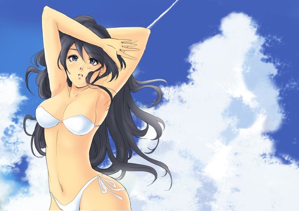 Anime picture 3508x2480 with original gino0808 single long hair highres breasts blue eyes light erotic black hair absurdres cloud (clouds) arms up armpit (armpits) girl navel swimsuit bikini white bikini