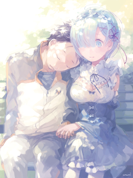 Anime picture 600x800 with re:zero kara hajimeru isekai seikatsu white fox rem (re:zero) natsuki subaru yuni (via junk) tall image blush fringe short hair breasts blue eyes black hair smile large breasts sitting blue hair looking away cleavage bent knee (knees) sunlight