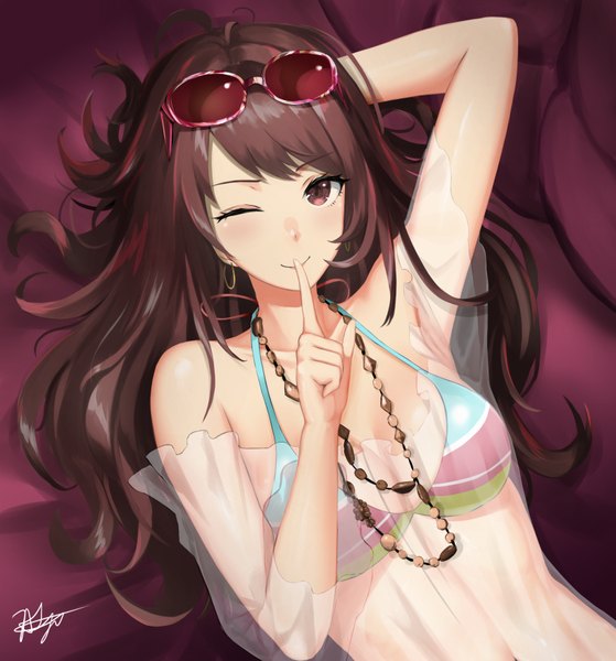 Anime picture 818x877 with persona 4 persona kujikawa rise chaciooh single long hair tall image looking at viewer blush fringe light erotic smile brown hair bare shoulders brown eyes signed upper body ahoge lying one eye closed