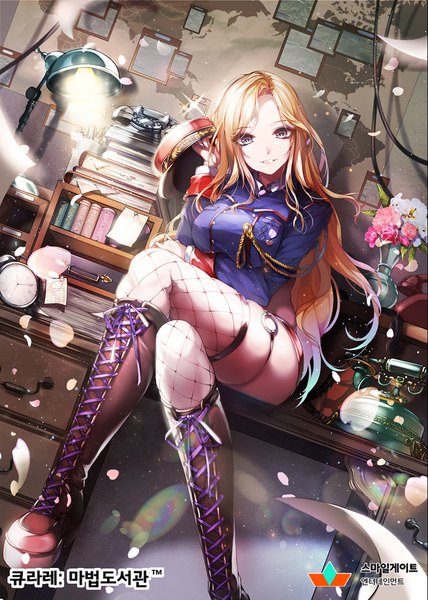 Anime picture 1200x1680 with qurare: magic library kanola u single long hair tall image looking at viewer breasts light erotic blonde hair large breasts sitting holding brown eyes bent knee (knees) indoors parted lips light smile sunlight grey eyes crossed legs