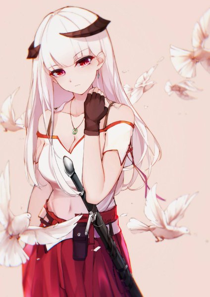 Anime picture 1280x1810 with original leria v single long hair tall image looking at viewer blush fringe breasts simple background red eyes standing bare shoulders signed cleavage white hair blunt bangs head tilt horn (horns) off shoulder