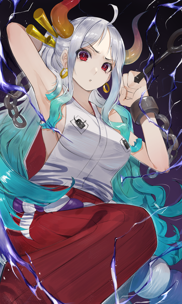 Anime picture 2458x4096 with one piece toei animation yamato (one piece) r (ryo) single long hair tall image highres red eyes silver hair ahoge traditional clothes japanese clothes horn (horns) aqua hair from below gradient hair girl weapon earrings