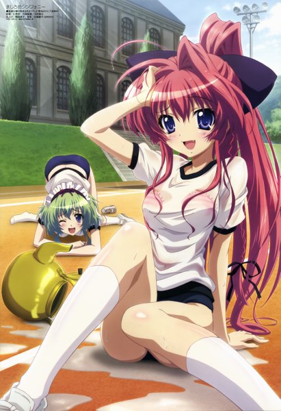 Anime picture 4081x5949 with mashiroiro symphony megami magazine inui sana angelina nanatsu sewell long hair tall image blush highres short hair open mouth blue eyes light erotic multiple girls absurdres ponytail red hair one eye closed green hair wink official art