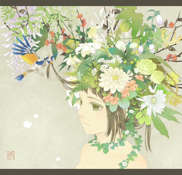 Anime picture 1200x1150 with original ame (conronca) black hair simple background green eyes hair flower girl hair ornament flower (flowers) plant (plants) animal bird (birds) leaf (leaves)