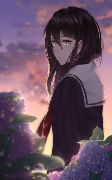 Anime picture 960x1536 with original saitou (lynx-shrike) single long hair tall image looking at viewer fringe black hair hair between eyes brown eyes sky cloud (clouds) upper body outdoors parted lips looking back blurry mole mole under eye tears