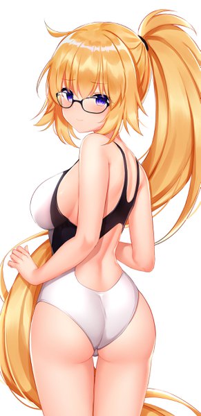 Anime picture 1213x2500 with fate (series) fate/grand order jeanne d'arc (fate) (all) jeanne d'arc (swimsuit archer) shouu-kun single tall image looking at viewer blush fringe breasts blue eyes light erotic simple background blonde hair large breasts standing white background ahoge ass