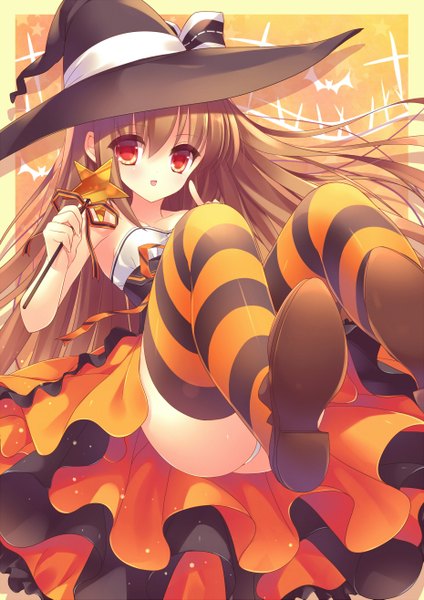 Anime picture 1860x2630 with original nametakenoko single long hair tall image highres open mouth light erotic red eyes brown hair pantyshot halloween witch girl thighhighs dress underwear panties hat witch hat
