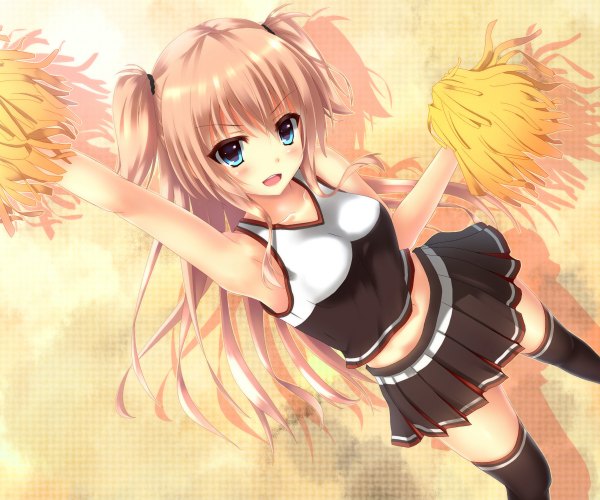 Anime picture 1200x1000 with original hizumin single long hair blush open mouth blue eyes brown hair two side up cheerleader girl thighhighs skirt black thighhighs miniskirt