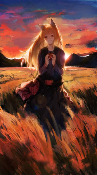 Anime picture 3299x5958 with spice and wolf horo heoningu single long hair tall image looking at viewer blush highres smile red eyes standing animal ears absurdres cloud (clouds) full body orange hair fox ears fox girl mountain