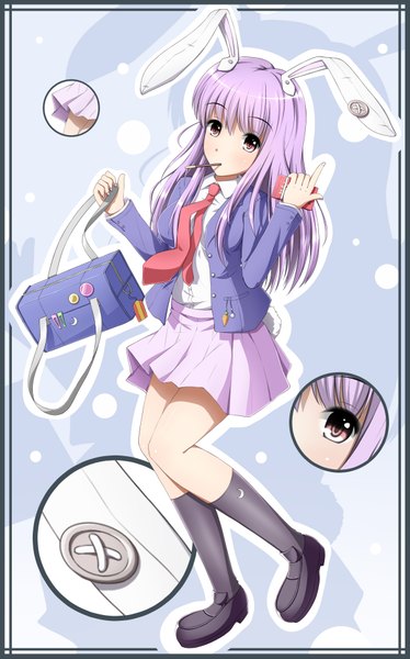 Anime picture 2358x3777 with touhou reisen udongein inaba lumpy (artist) single long hair tall image highres red eyes pink hair absurdres bunny ears bunny girl girl socks necktie sweets black socks school bag pocky