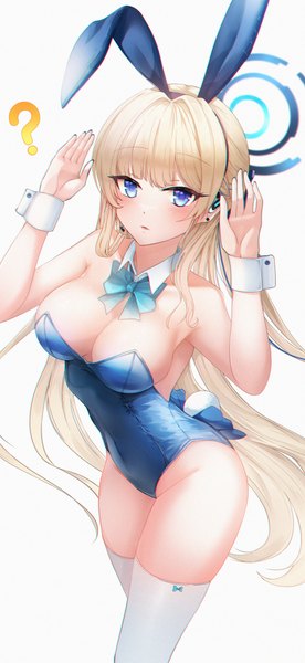 Anime picture 1924x4184 with blue archive toki (blue archive) toki (bunny) (blue archive) leehong studio single long hair tall image looking at viewer blush fringe highres breasts blue eyes light erotic simple background blonde hair large breasts standing white background animal ears