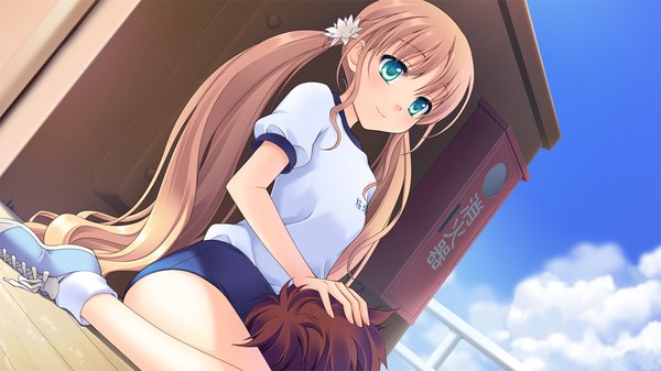 Anime picture 1280x720 with astraythem ginta long hair blonde hair wide image twintails green eyes game cg girl uniform gym uniform