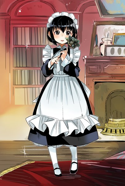 Anime picture 633x937 with shirley (manga) shirley madison sunameri oishii single long hair tall image looking at viewer blush fringe black hair holding brown eyes indoors long sleeves parted lips maid lens flare floor girl thighhighs
