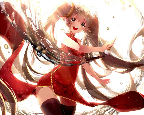 Anime picture 900x720 with vocaloid hatsune miku phino (jinko0094) single looking at viewer blush fringe open mouth simple background smile white background twintails animal ears very long hair traditional clothes horn (horns) wind pointy ears grey hair from below