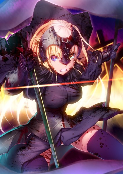 Anime picture 877x1239 with fate (series) fate/grand order jeanne d'arc (fate) (all) jeanne d'arc alter (fate) jeanne d'arc (fate) akisa (12023648) tall image short hair blue eyes blonde hair heterochromia girl thighhighs weapon black thighhighs sword armor blood