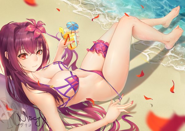 Anime picture 3508x2480 with fate (series) fate/grand order scathach (fate) (all) scathach (swimsuit assassin) (fate) miyama tsubaki me single long hair looking at viewer blush fringe highres breasts light erotic hair between eyes red eyes large breasts bare shoulders holding signed absurdres