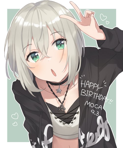 Anime picture 1000x1200 with bang dream! aoba moca unapoppo single tall image looking at viewer blush fringe short hair open mouth hair between eyes green eyes silver hair leaning leaning forward character names border victory happy birthday girl