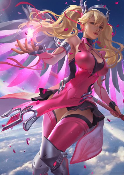 Anime picture 1920x2716 with overwatch blizzard entertainment mercy (overwatch) pink mercy ttk (kirinottk) single long hair tall image looking at viewer fringe highres breasts blue eyes light erotic blonde hair hair between eyes large breasts standing twintails holding