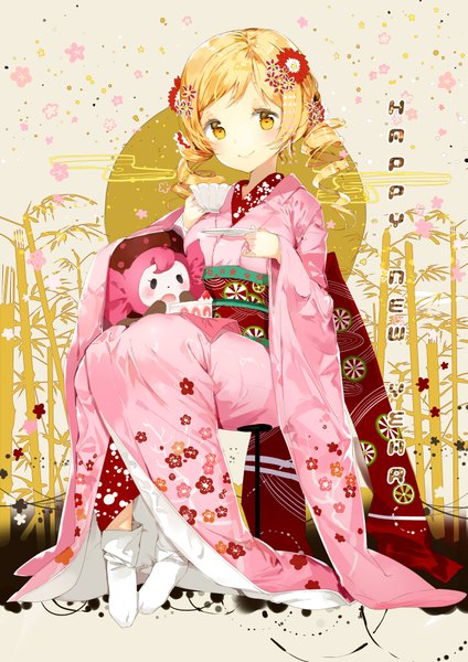 Anime picture 2893x4092 with mahou shoujo madoka magica shaft (studio) tomoe mami charlotte (madoka magica) anmi long hair tall image looking at viewer blush highres blonde hair smile sitting twintails yellow eyes traditional clothes japanese clothes drill hair new year happy new year