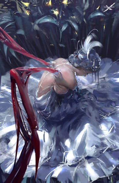 Anime picture 855x1303 with ghost blade yan (ghost blade) wlop single tall image eyes closed from above grey hair copyright name sleeveless crossed arms bare back girl dress hair ornament flower (flowers) plant (plants) wings feather (feathers)