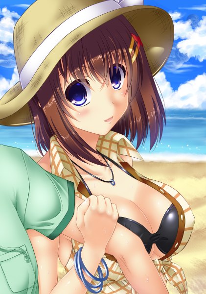 Anime picture 842x1200 with mahou shoujo lyrical nanoha mahou shoujo lyrical nanoha strikers yagami hayate utanone shion tall image looking at viewer blush short hair open mouth blue eyes light erotic brown hair sky cleavage cloud (clouds) beach girl hat sea