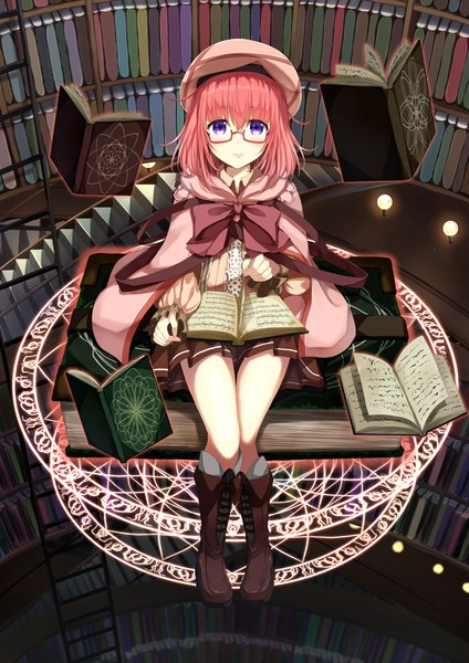 Anime picture 2893x4092 with original yukimochi kinako single tall image looking at viewer fringe highres short hair hair between eyes sitting purple eyes pink hair indoors pleated skirt from above puffy sleeves magic lacing knees touching reading