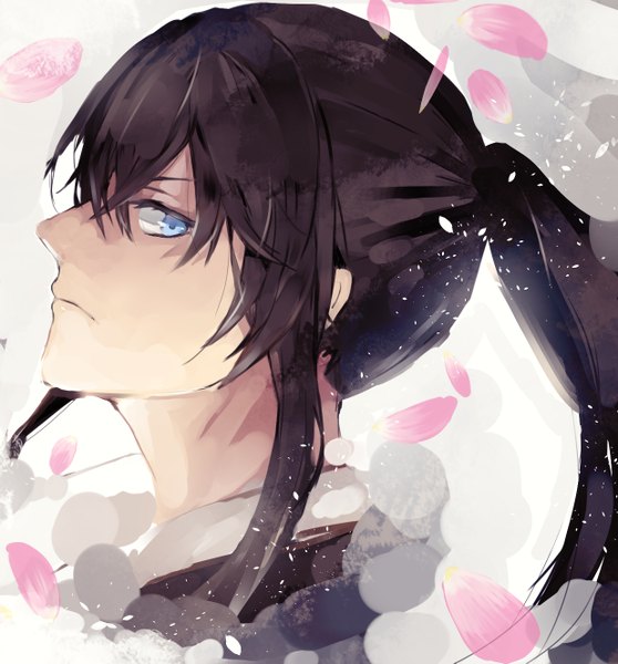 Anime picture 1236x1329 with d.gray-man kanda yuu ori (pixiv1532928) single long hair tall image looking at viewer blue eyes black hair simple background hair between eyes white background payot ponytail profile portrait boy petals