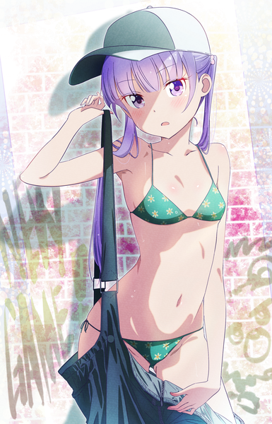 Anime picture 1700x2650 with new game! doga kobo suzukaze aoba pink x single long hair tall image looking at viewer blush fringe breasts open mouth light erotic standing purple eyes twintails bare shoulders purple hair blunt bangs shadow
