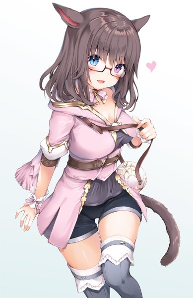 Anime picture 800x1233 with final fantasy final fantasy xiv square enix miqo'te kanora single long hair tall image looking at viewer blush fringe breasts open mouth blue eyes simple background smile hair between eyes brown hair purple eyes holding