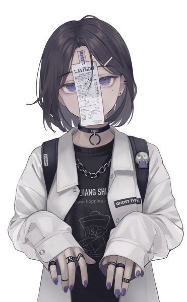 Anime picture 1682x2717 with original lawson sugai (4ugaii) single tall image looking at viewer short hair simple background brown hair standing white background purple eyes signed upper body nail polish fingernails mole open jacket mole under eye piercing