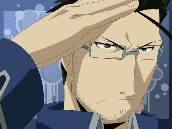 Anime picture 1400x1050 with fullmetal alchemist studio bones maes hughes morrow single short hair black hair simple background green eyes portrait face vector salute bristle boy glasses