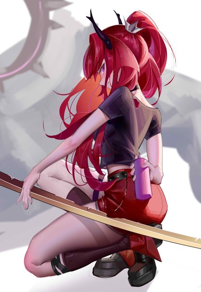 Anime picture 4500x6500 with arknights surtr (arknights) surtr (liberte echec) (arknights) fabit s single long hair tall image looking at viewer blush fringe highres smile purple eyes holding absurdres full body bent knee (knees) ponytail red hair parted lips