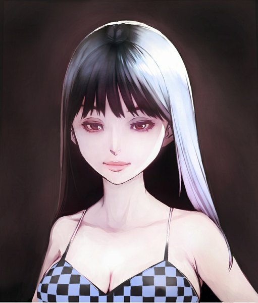 Anime-Bild 974x1143 mit original tifa18 single long hair tall image looking at viewer breasts black hair large breasts bare shoulders brown eyes cleavage light smile lips dark background close-up face checkered girl