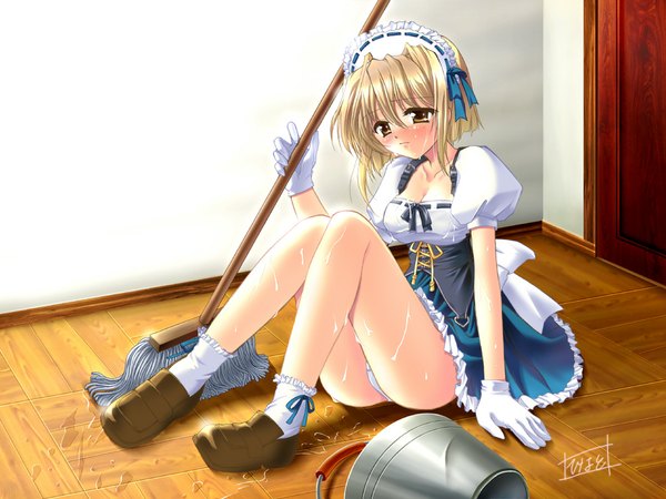 Anime picture 1024x768 with light erotic maid wet pantyshot sitting cleaning