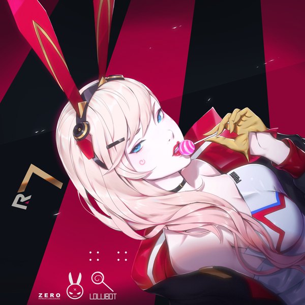 Anime picture 1920x1920 with mekanizer project remy-7 (mekanizer project) paul (shiramune) single long hair looking at viewer highres blue eyes blonde hair bare shoulders signed animal ears bunny ears character names lipstick fake animal ears red lipstick food in mouth striped background girl