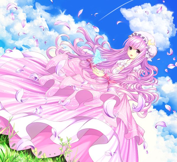 Anime picture 2866x2632 with touhou patchouli knowledge catbell single long hair looking at viewer highres open mouth purple eyes sky purple hair cloud (clouds) girl dress bow hair bow petals insect butterfly bonnet