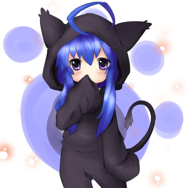 Anime picture 1500x1500 with acchi kocchi miniwa tsumiki aerlai (artist) single long hair looking at viewer blush simple background purple eyes animal ears blue hair ahoge tail long sleeves girl