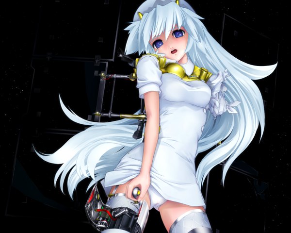 Anime picture 1280x1024 with original hayabusa (spacecraft) ashibe ryou single long hair looking at viewer open mouth light erotic simple background purple eyes silver hair black background amputee girl dress underwear panties white dress bandage (bandages) android