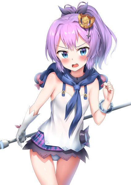 Anime picture 2507x3541 with azur lane javelin (azur lane) nedia (nedia region) single tall image looking at viewer blush highres short hair open mouth blue eyes light erotic simple background white background purple hair ponytail girl skirt gloves underwear