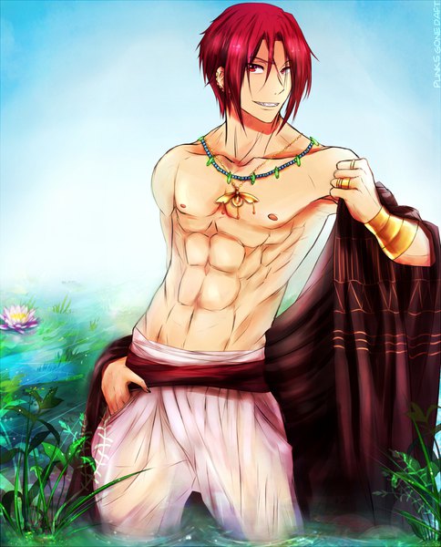Anime picture 1155x1431 with free! kyoto animation matsuoka rin punksgonedaft single tall image looking at viewer fringe short hair light erotic smile hair between eyes red eyes standing bare shoulders holding signed sky outdoors red hair