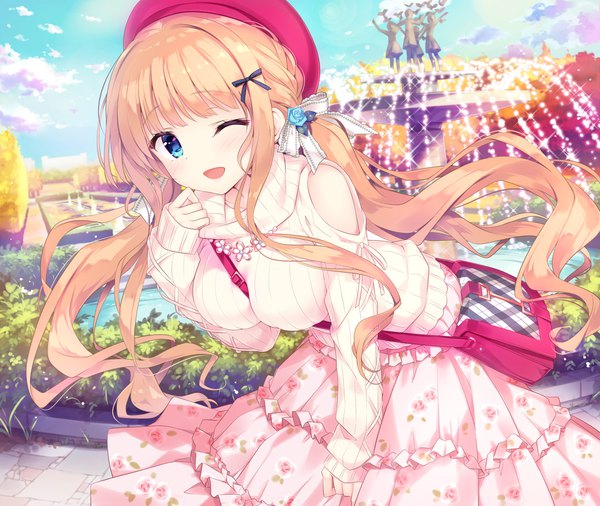Anime picture 1920x1621 with original date situation zukan saijo melia kimishima ao single long hair looking at viewer blush highres open mouth blue eyes blonde hair smile twintails sky cloud (clouds) outdoors one eye closed wink sparkle
