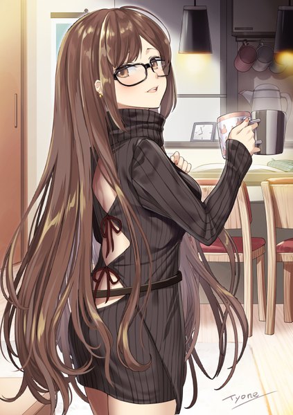 Anime picture 612x868 with fate (series) fate/grand order yu mei-ren (fate) tyone single long hair tall image looking at viewer blush fringe breasts open mouth smile brown hair standing holding brown eyes signed payot indoors
