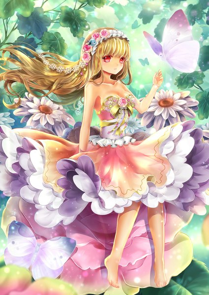 Anime picture 752x1062 with original kasugaya single long hair tall image blonde hair red eyes barefoot hair flower girl dress hair ornament flower (flowers) plant (plants) insect butterfly