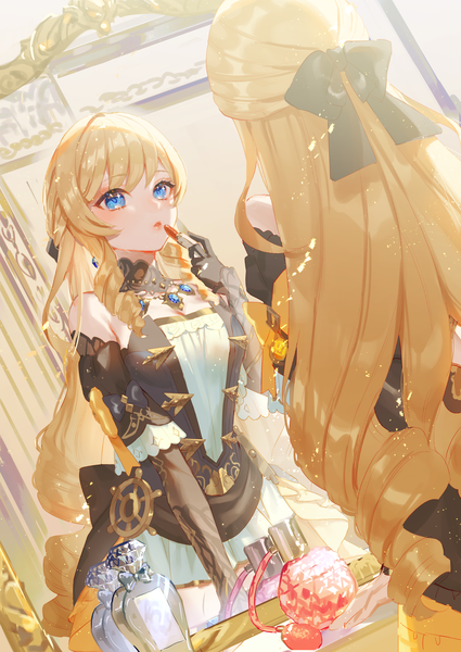 Anime picture 2508x3541 with genshin impact navia (genshin impact) harushio single long hair tall image looking at viewer fringe highres breasts blue eyes blonde hair standing holding indoors blunt bangs dutch angle drill hair reflection girl