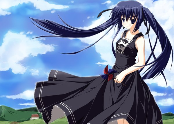 Anime picture 1551x1110 with h2o footprints in the sand zexcs kohinata hayami laura-14 single long hair blue eyes twintails blue hair sky cloud (clouds) girl dress ribbon (ribbons) hair ribbon black dress
