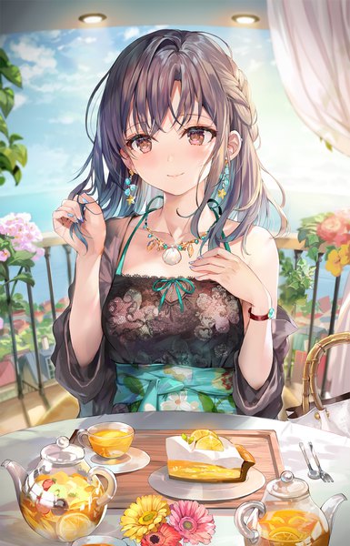 Anime picture 1000x1555 with original momoko (momopoco) single long hair tall image blush smile brown hair sitting bare shoulders brown eyes payot looking away sky cloud (clouds) long sleeves nail polish fingernails floral print hand on chest